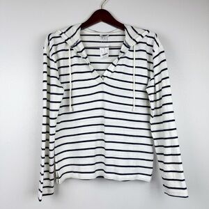 J. Crew Striped V-Neck Loose Fit Cotton Hoodie White Navy Size S NWT